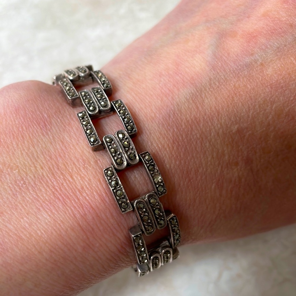 Antique Vintage 925 Sterling Silver Marcasite Art Deco Bracelet 1920s
